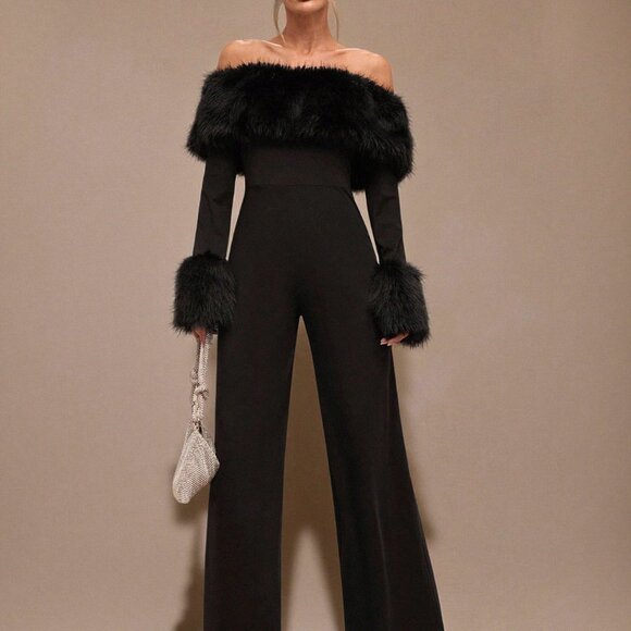 Black Party Women's Off Shoulder Fuzzy Long Sleeve Jumpsuit - Picture 4 of 7